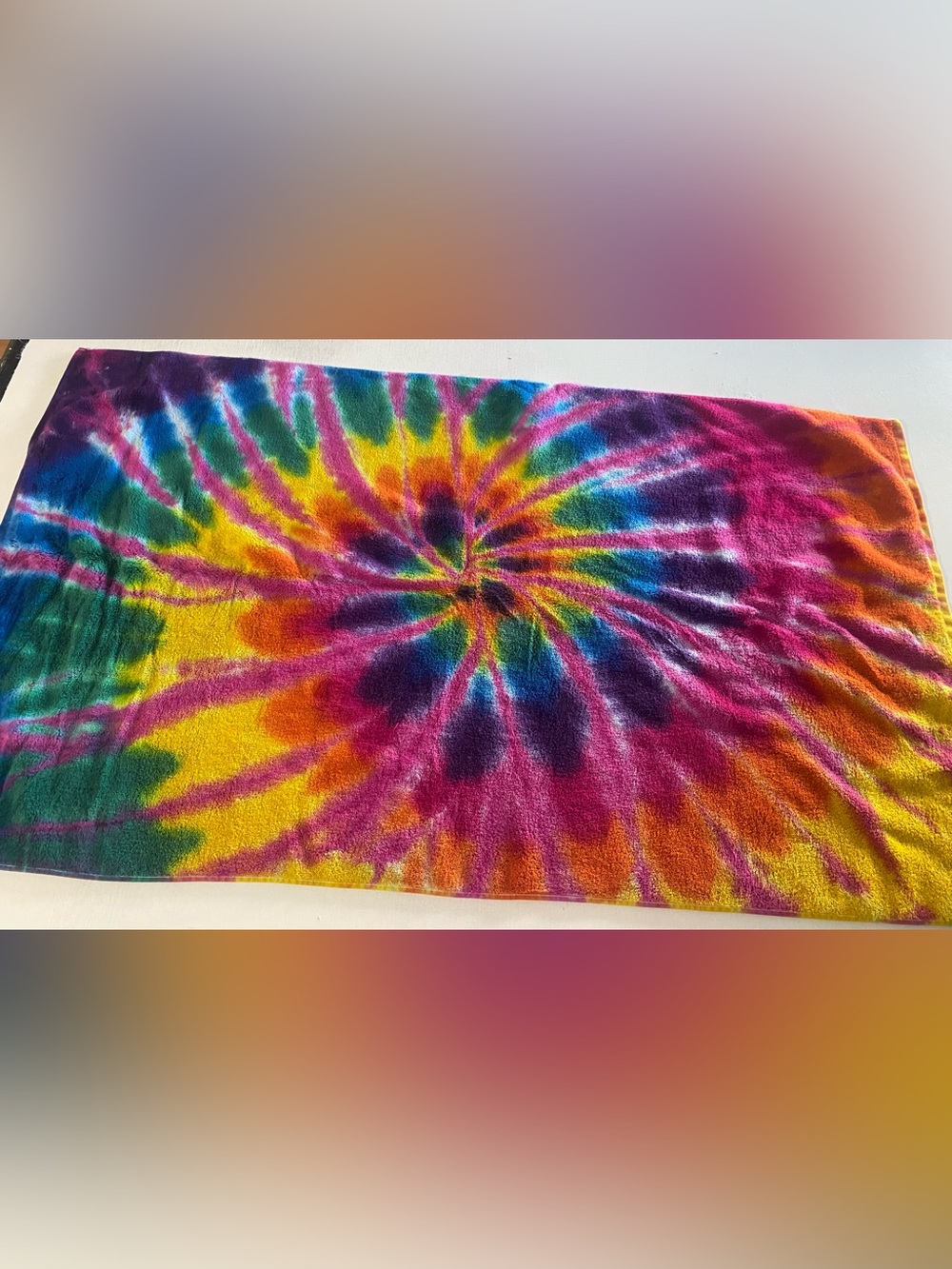 Vibrant handmade Tie-Dye Beach Towel in Rainbow Burst 100% cotton.